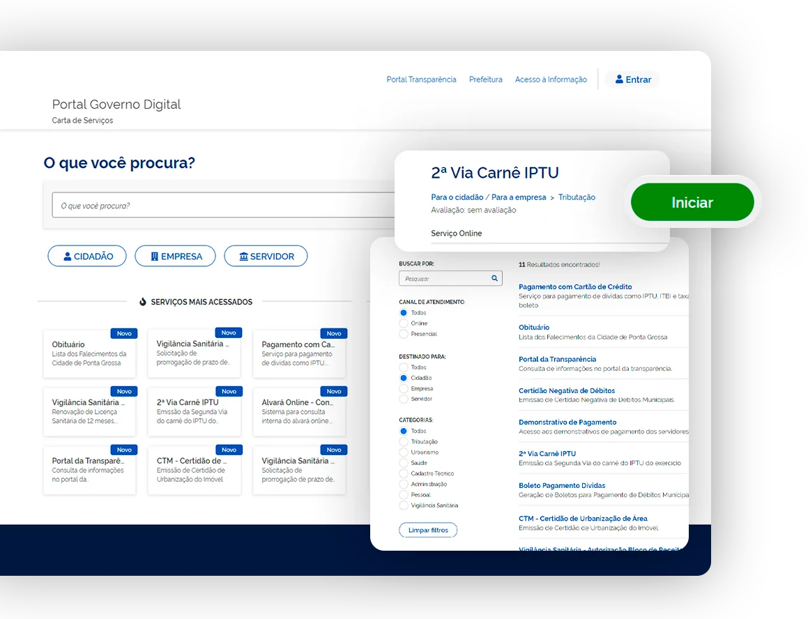 Portal de serviços digitais da prefeitura com busca e carta de serviços